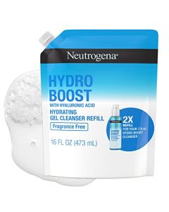Neutrogena Hydro Boost Fragrance-Free Hydrating Facial Cleansing Gel with Hyaluronic Acid, Daily Foaming Face Wash Gel & Makeup Remover, Hypoallergenic, Refill Pouch, 16 fl. oz