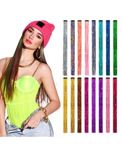 MYKURS Glittery Tinsel Hair Extensions for Girls and Women, Clip-in Fairy Hair Tinsel, 16 Colors 16 PCS