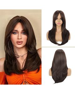 FITCHCE Synthetic Wigs for Women Long Wave Wig with Bangs Natural Dark Brown Wigs Synthetic Heat Resistant Fiber Wigs for Daily Party (22 Inch) (Dark Brown)