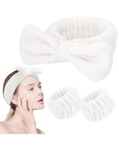Spa Headband and Wristband Set 3Pcs Skincare Headbands Wrist Bands for Washing Face Coral Fleece Makeup Headband Soft Elastic Facial Makeup Bow Headband Shower Skin Care Sleepover Party Supplies