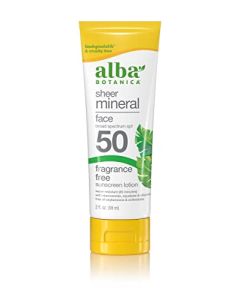 Alba Botanica Sunscreen for Face, Fragrance-Free Sheer Mineral Face Sunscreen Lotion, Broad Spectrum SPF 50, Water Resistant and Biodegradable, 2 fl. oz. Bottle