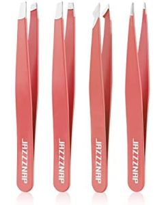 Eyebrow Tweezers Set, 4 Pcs Precision Tweezers for Eyebrows, Facial Hair, Splinter and Ingrown Hair Removal for Women and Girls, Rose Red