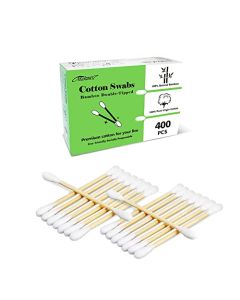 Organic Cotton Swabs with Wooden Sticks 400 Pcs of Pack, qtips Cotton Swabs Pure Natural Bamboo Biodegradable, Double Round Tipped, q tips for ears, Makeup and Daily Use