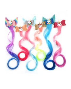 Xuxisowo 6-Colors Unicorn Hair Bows Clips Hair Accessories For Girls Kids Glitter Braided Curly Gradient Color Wig Hair Extensions（6PCS)