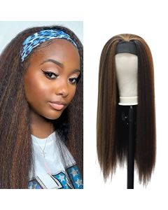 youwin 28 Inch Kinky Straight Headband Wig, Soft & Natural as Human Hair, Glueless Long Yaki Synthetic Wigs for Women,Highlight Brown Wig with Headband for Daily Use (Highlight)