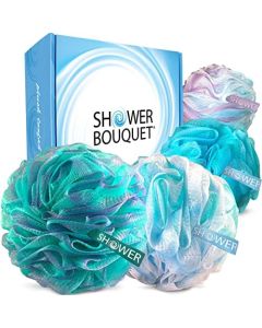 Loofah Bath-Sponge Swirl-Set-XL-75g by Shower Bouquet: Extra-Large Mesh Pouf (4 Pack Color Swirls) Luffa Loofa Loufa Puff Scrubber - Big Full Lather Cleanse, Exfoliate with Beauty Bathing Accessories