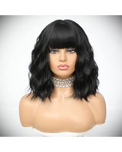 IFSUP Short Black Wig Curly Bob Wig with Bangs for Women Premium Synthetic Hair Replacement Wig Natural Looking Wig Cosplay Costume Halloween Wig(14'' Black Bangs Wig)