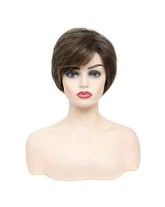 Aokiya Layered Short Brown Wigs for White Women Synthetic Pixie Cut Wig with Bangs (Ombre brown to blonde)