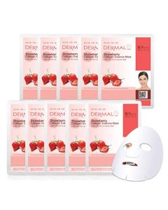 DERMAL Strawberry Collagen Essence Facial Mask Sheet 23g Pack of 10 - Pore Tightening & Sebum Control for Oily Skin, Hydrating Daily Skin Treatment Solution Sheet Mask