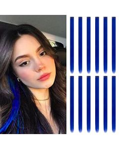 Colored Hair Extensions, HH FASHION 20 Inch Colorful Party Highlights Clip in Synthetic Straight Rainbow Hairpieces, Halloween Cosplay Christmas New Year Gift for Women Kids Girls(12pcs, Blue)