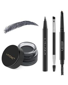 Eyebrow Stamp Pencil Kit for Eyebrows, Makeup Brow Stamp Trio Kit with Waterproof Eyebrow Pencil, Eyeliner, Eyebrow Pomade, and Dual-ended Eyebrow Brush - Ash Black