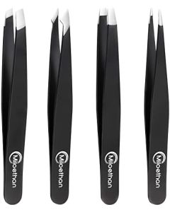 Tweezers Set, Miloethan Professional 4Pcs Eyebrow Tweezers Set for Women & Men, Great Precision for Facial Hair, Splinter and Ingrown Hair Removal, Black