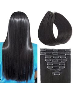 Clip in Hair Extensions Real Human Hair for Women 100% Unprocessed Brazilian Virgin Hair 8 Pcs Per Set with 18 Clips Double Weft Clip Full Head Straight Remy Hair (18 Inch,#1B Natural Black)