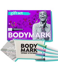 BodyMark Gift Set Temporary Tattoo Marker for Skin, Premium Brush Tip, 4 Count Pack of Assorted Colors and Stencils, Skin-Safe Temporary Tattoo Markers Set