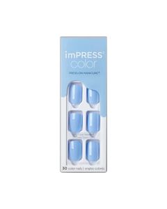 KISS imPRESS Color Press-On Nails, Nail Kit, PureFit Technology, Short Length, “Baby Why So Blue”, Polish-Free Solid Color Manicure, Includes Prep Pad, Mini Nail File, Cuticle Stick, and 30 Fake Nails