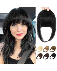 REECHO Bangs Hair Clip in Bangs, 100% Real Human Hair 3 Secure Clips in Blunt Cut Full Fringe French Bangs Natural Thick Volume Black Fake Bangs with Temples Hairpieces for Women Daily Wear - Black
