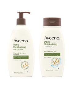 Aveeno Daily Moisturizing Lotion & Wash Regimen Pack, Nourishing Daily Moisturizing Body Lotion for Dry Skin, 18 oz, & Hydrating Body Wash with Soothing Prebiotic Oat, 18 oz, 2 Items