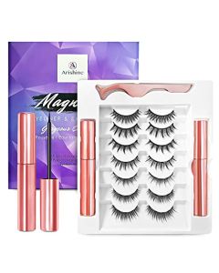 Arishine Magnetic Eyelashes Natural Look, Magnetic Lashes with Eyeliner, 7 Pairs Reusable Magnetic Lashes Natural Looking with Tweezer - False & Fake Eyelashes Magnetic, No Glue Needed