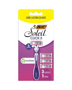 BIC Click 5 Soleil Women's Disposable Razors, 5 Blades With a Moisture Strip For a Smoother Shave, 1 Handle and 3 Cartridges, 4 Piece Razor Set