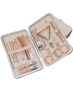 Professional Manicure Set - Stainless Steel Nail Clippers and Care Tools in Leather Travel Case - Portable Travel Nail Kit (18 Piece - Pink)